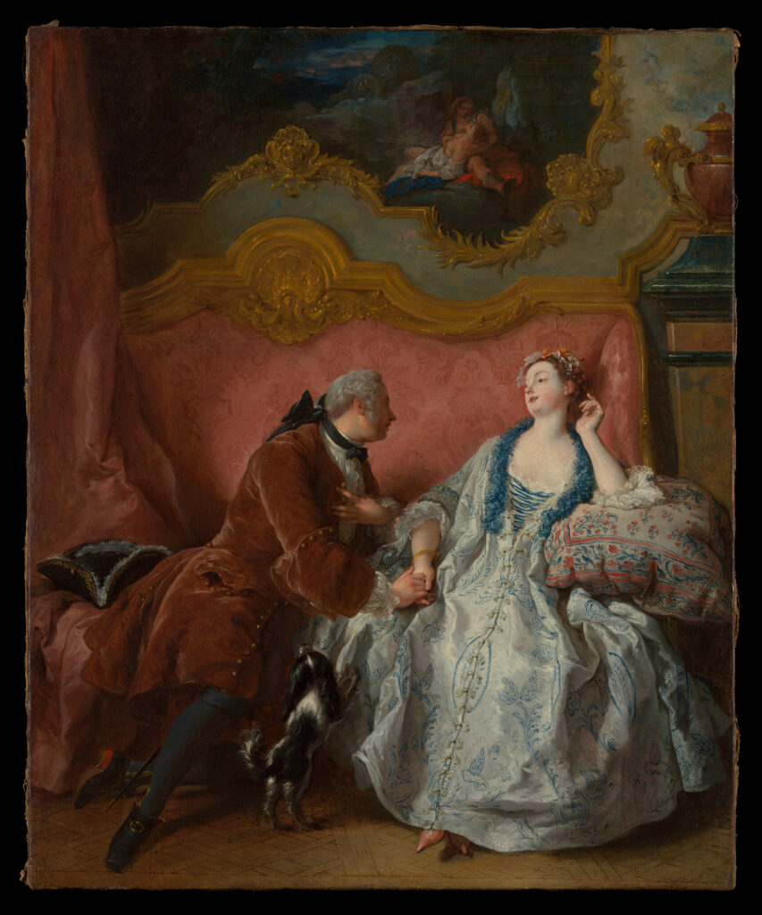 18th-century painting of a man kneeling beside a woman seated on a bed, holding her hand in an intimate interior scene.