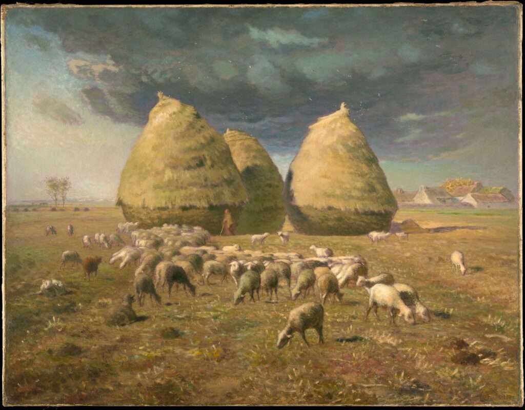 Pastoral landscape painting of sheep grazing near large haystacks under a cloudy sky.