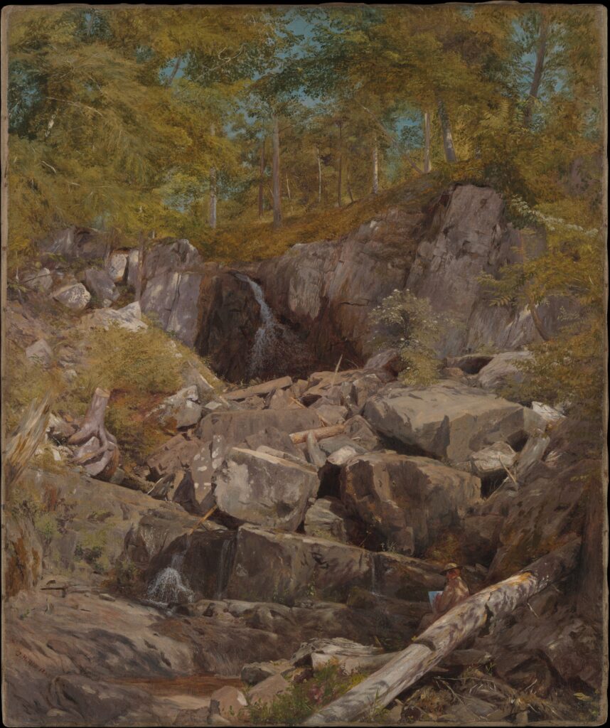 Landscape painting of a rocky forest with a small waterfall between stone cliffs.