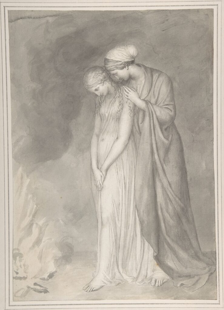 Classical grayscale drawing of two women, one gently supporting the other in a moment of grief.