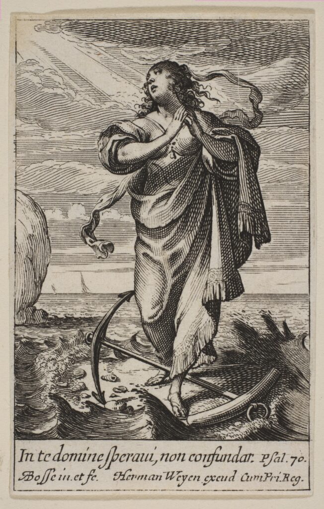 Classical engraving of a robed woman looking upwards as light breaks through clouds, symbolizing hope.