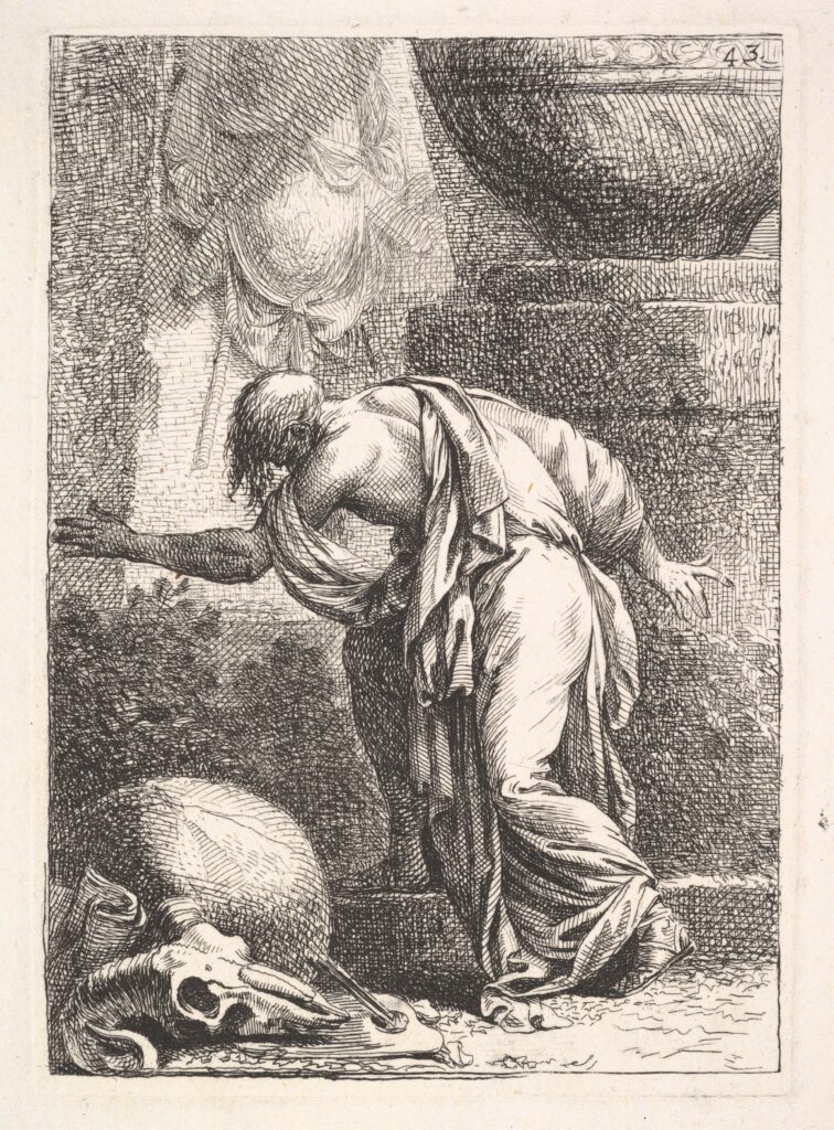 Engraving of a grieving figure leaning forward in sorrow, symbolizing mourning, loss an emotional pain.