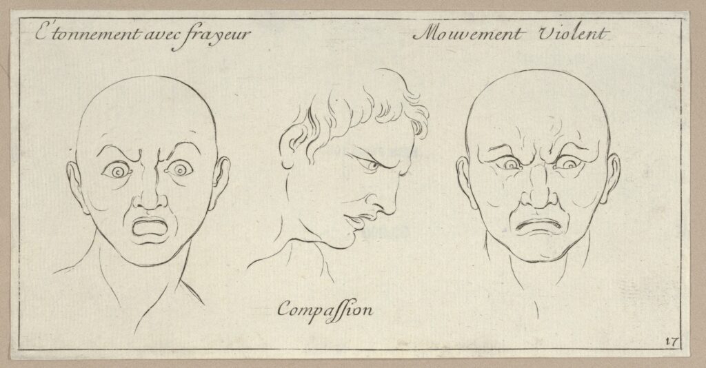 Vintage illustration showing three facial expressions of anger and intense emotions.