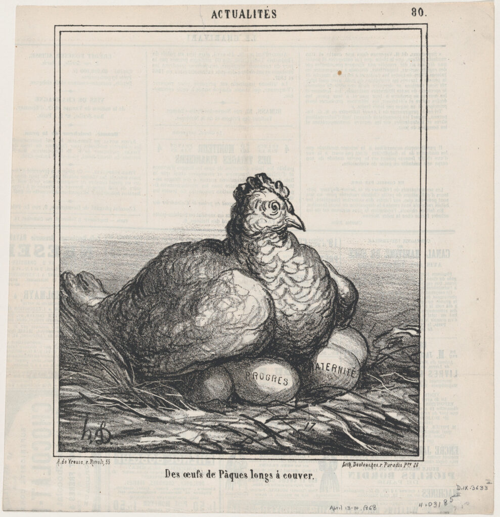 Black-and-white engraving of a hen resting on Easter eggs, symbolizing renewal, resurrection, and the Easter season.