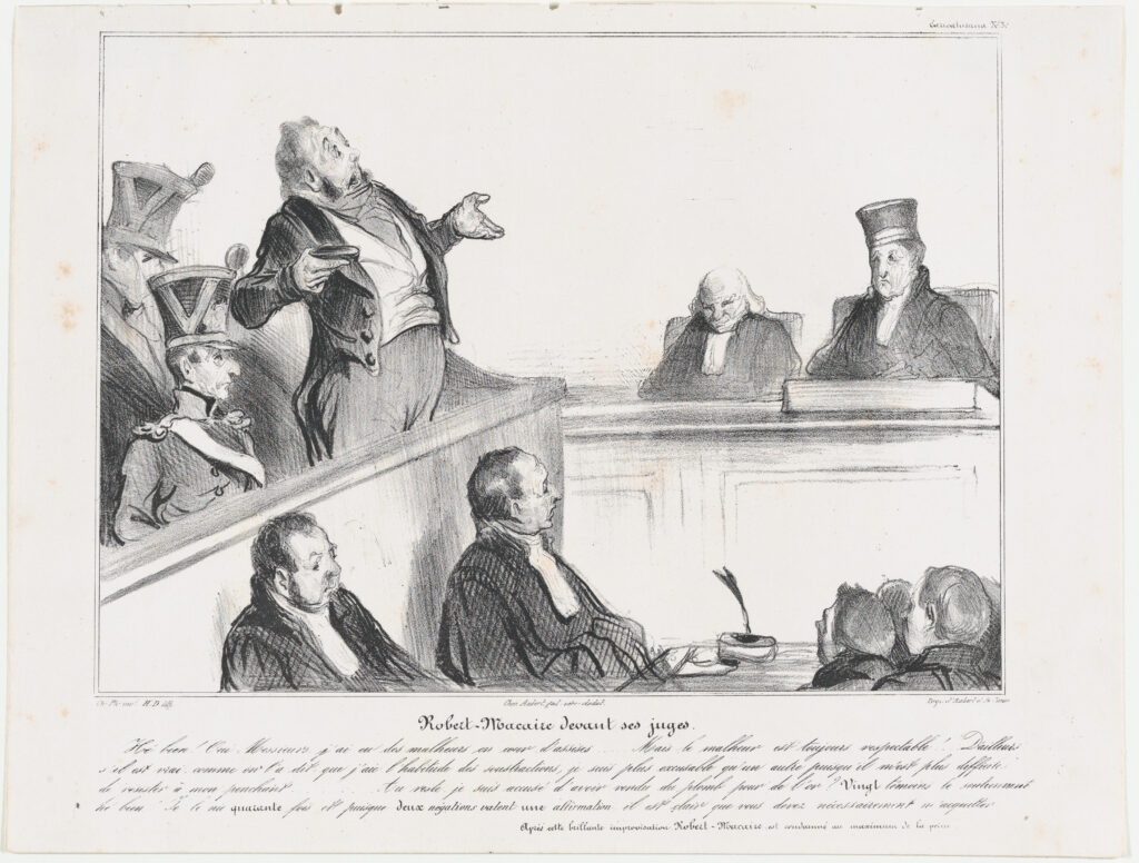 Vintage courtroom illustration showing a man addressing a judge and jury.