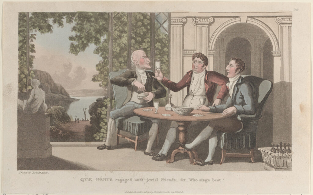 Illustration of three men seated around a table in conversation in a classical courtyard setting.