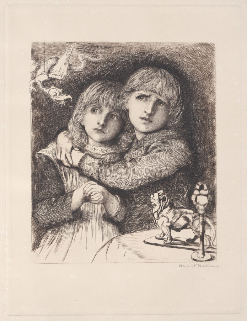 Black-and-white illustration of two children clinging to each other with frightened expressions, symbolizing fear.