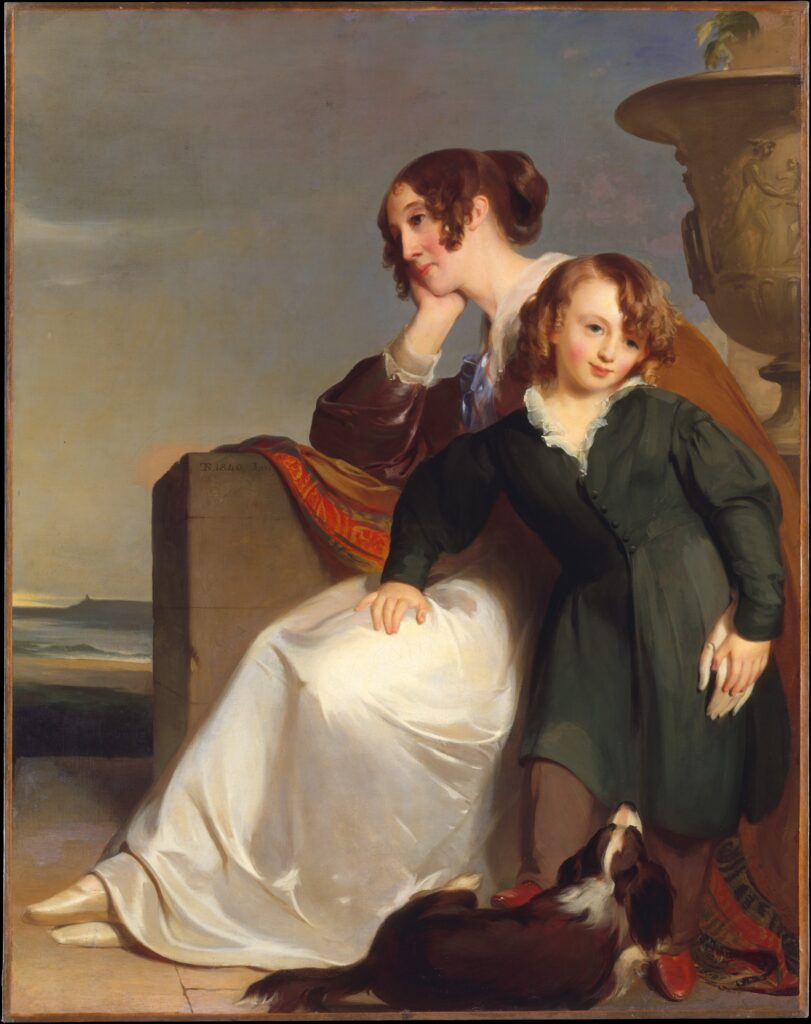 Painting of a mother seated with her young child, symbolizing motherhood, care, and family bonds.
