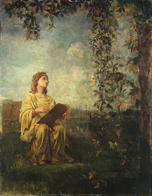 A classical painting of a woman seated outdoors holding a book, symbolizing reflection and the themes of life often explored in famous poems