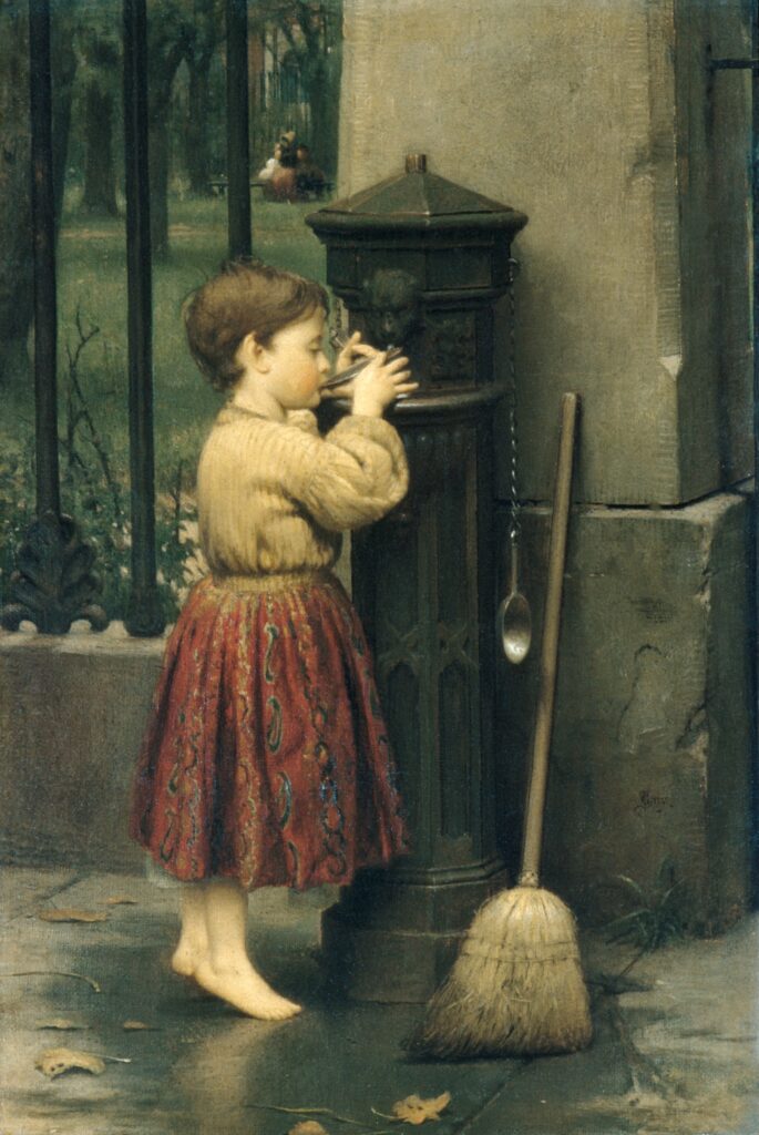 Vintage painting of a child standing at a water fountain outdoors.