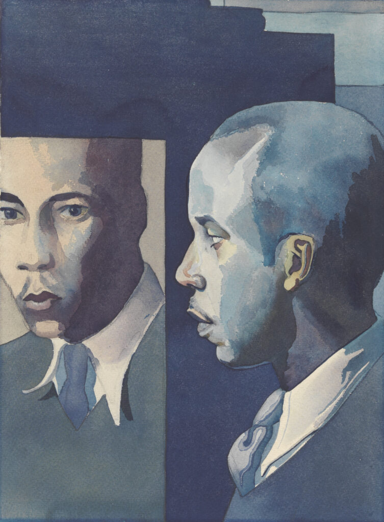 A painting of a man looking at his own reflection