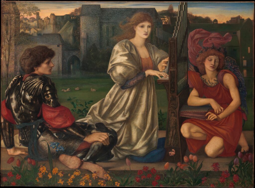A painting of a woman playing a love song