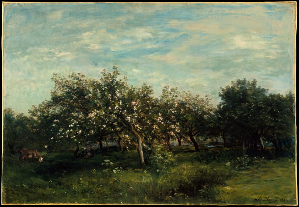 An painting with rows of blossoming trees